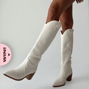 Princess Polly Knee High Leather Boots Off White